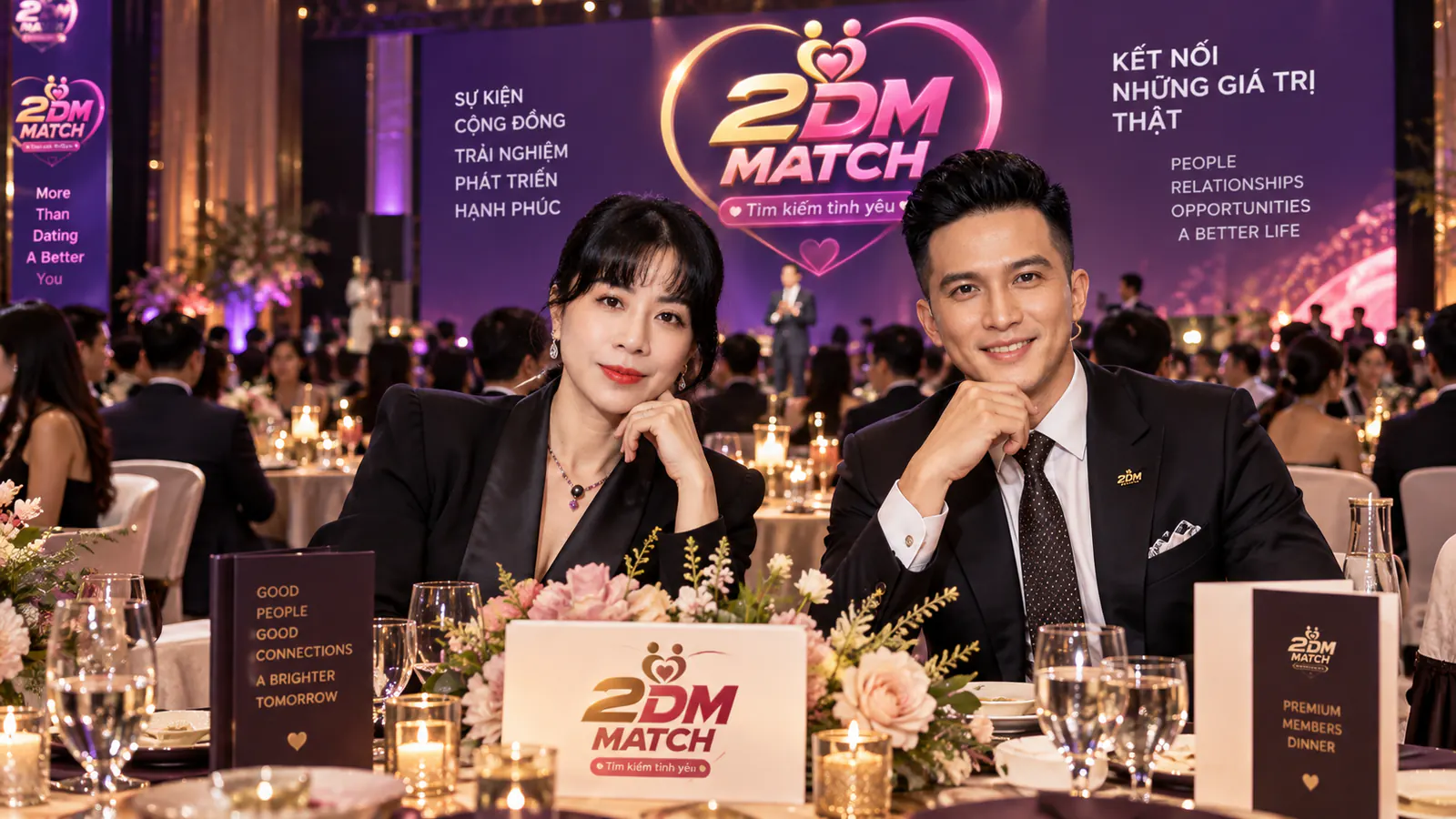 Hai người ngồi bàn tiệc tối có hoa, nến và thẻ bàn Premium Members Dinner