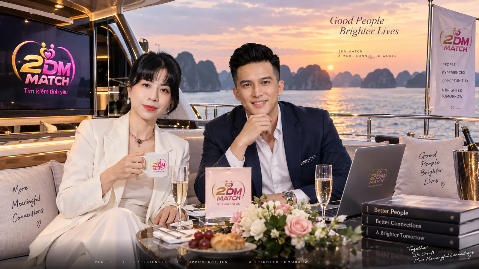 Hai người nâng ly trên boong du thuyền, phía sau là núi đá vịnh Hạ Long lúc hoàng hôn