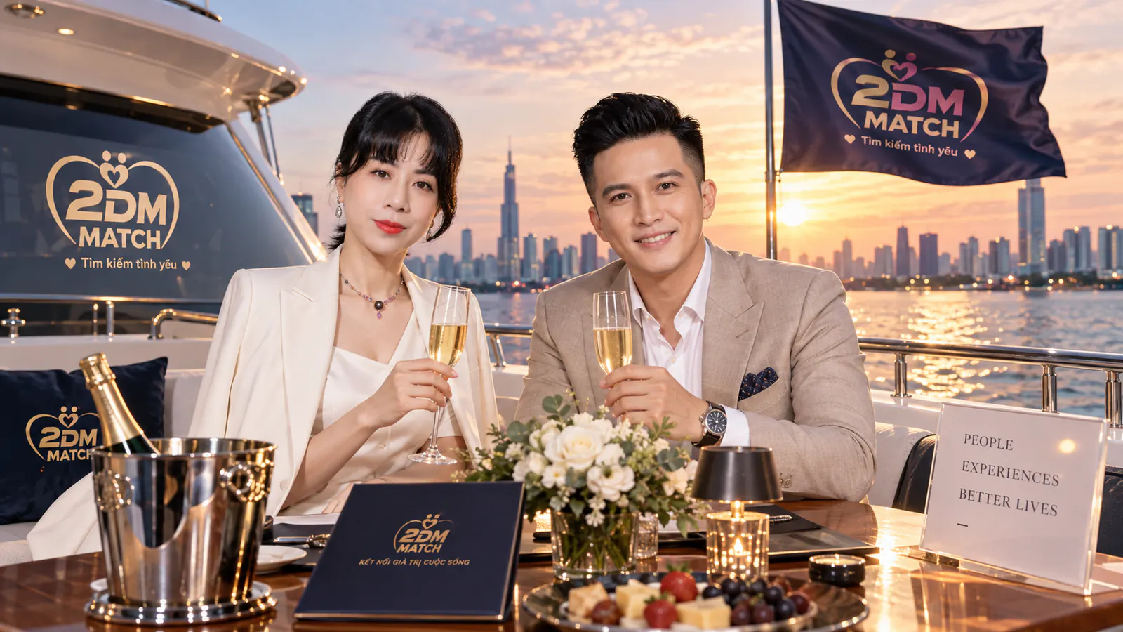 Hai người nâng ly trên boong du thuyền lúc hoàng hôn, phía sau là đường chân trời thành phố
