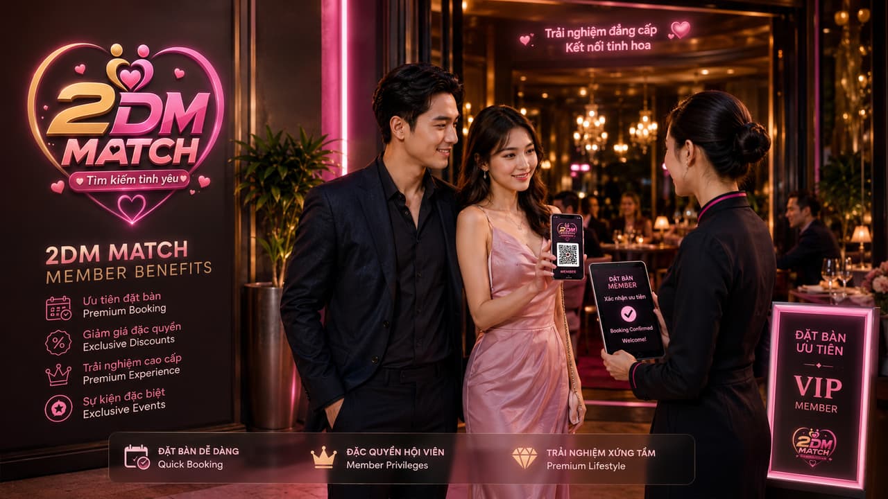 Khách mời trong trang phục dạ tiệc trước bảng giới thiệu quyền lợi thành viên