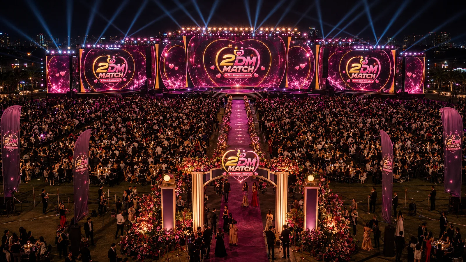 Bàn tiệc gala được trang trí lộng lẫy với ánh nến